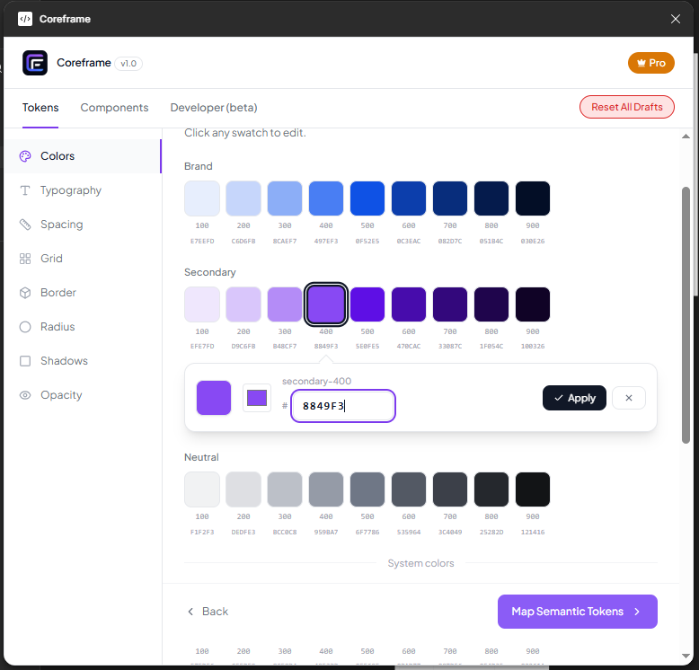 Coreframe type and spacing scale screenshot